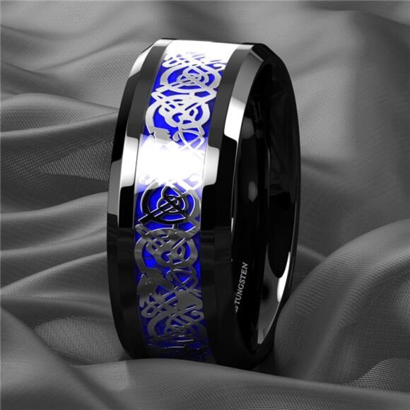 Men's Wedding Band Rings - Blue Black Silver Celtic Dragon Design Wedding Rings - Picture 4 of 8